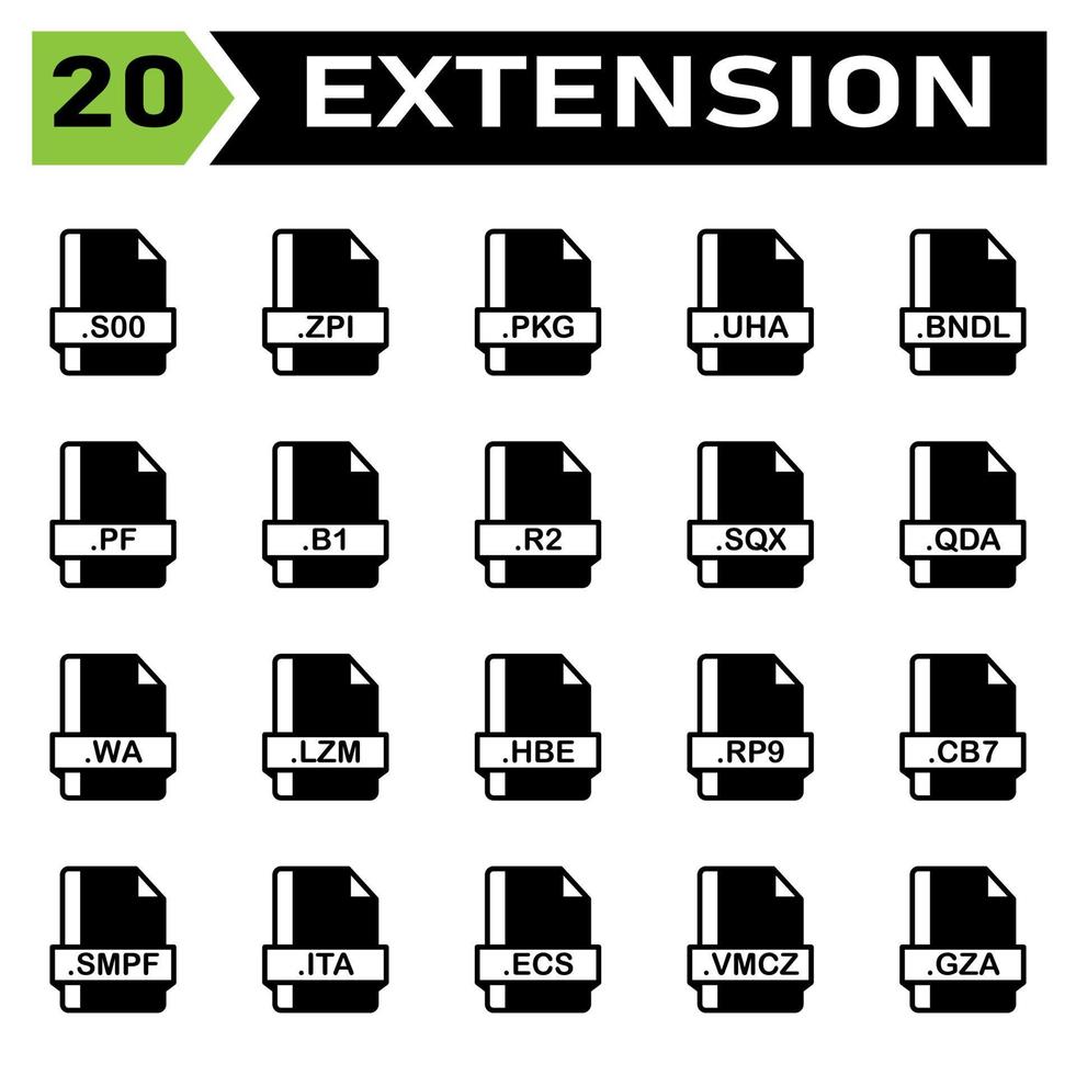 File extension icon set include file, document, extension, icon, type, set, format, vector, symbol, design, graphic, software, sign, application, image, label, s00, zpi, pkg, uha, bndl, pf, b1, r2 vector