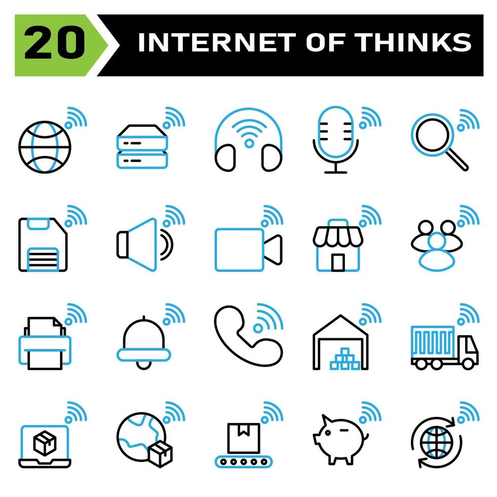 Internet of things icon set include world, earth, internet of things, hard disk, drive, headphone, headset, microphone, search, find, save, storage, sound, volume, video, record, store, shop, people vector