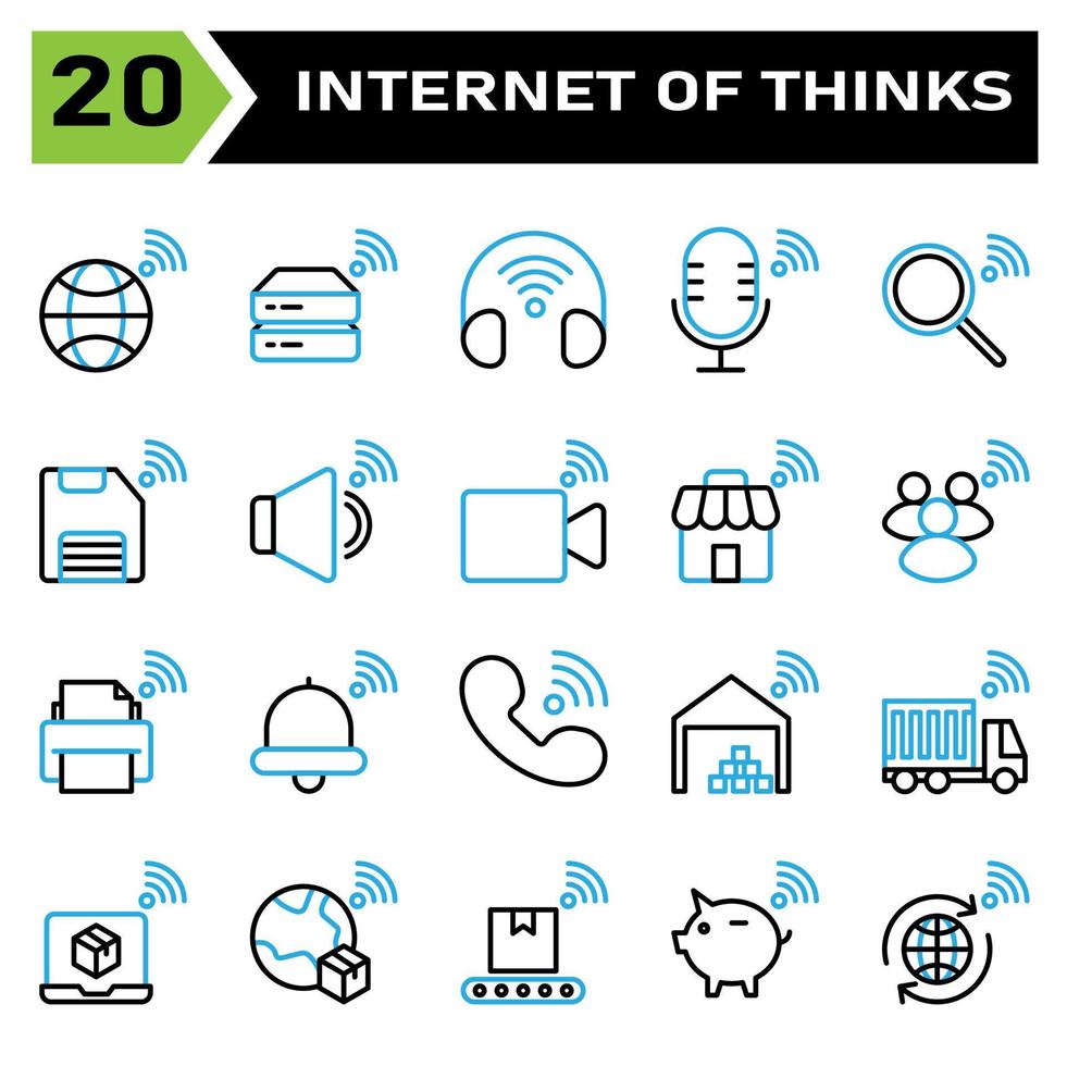 Internet of things icon set include world, earth, internet of things, hard disk, drive, headphone, headset, microphone, search, find, save, storage, sound, volume, video, record, store, shop, people vector