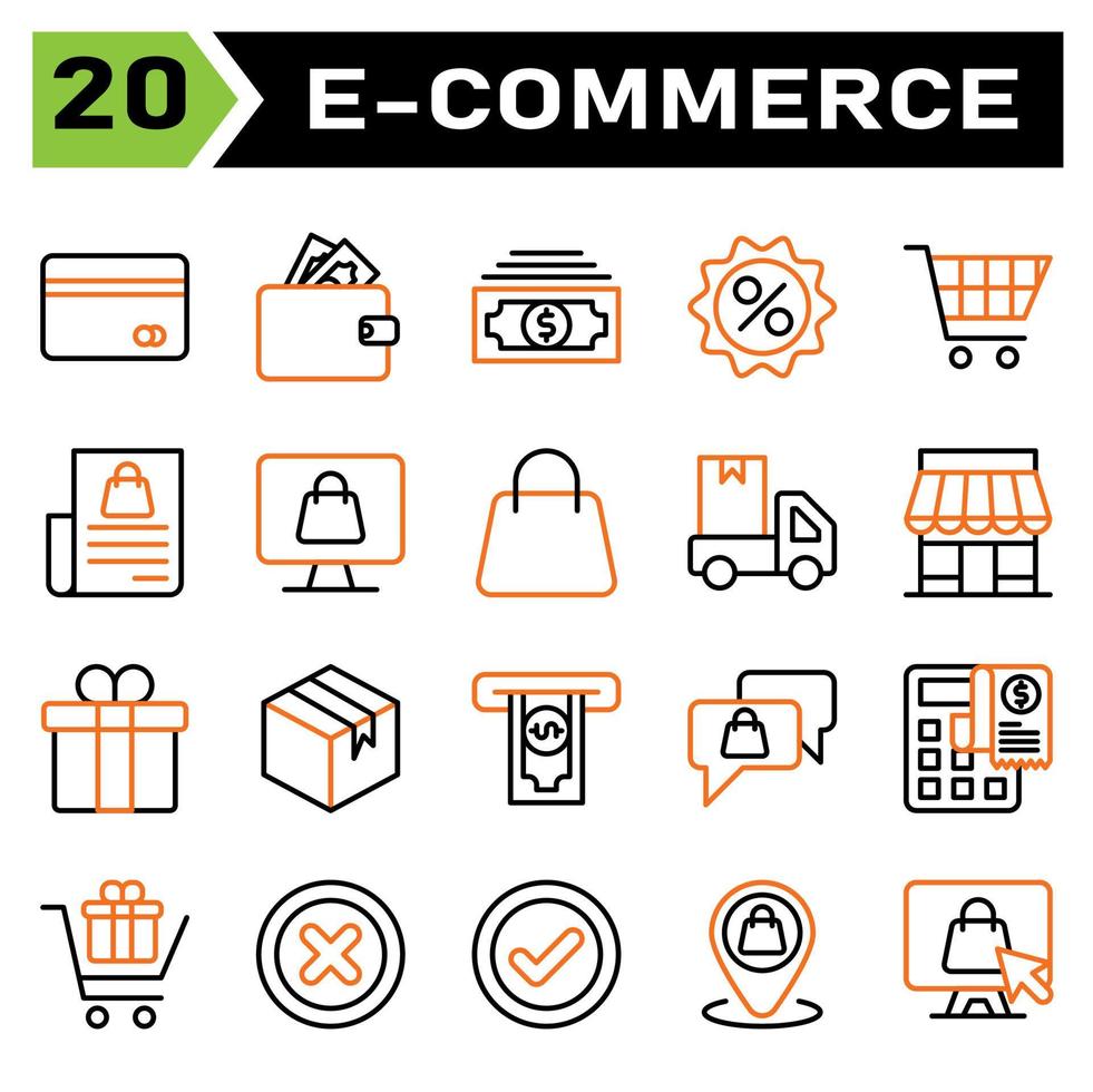 E commerce icon set include e commerce, money, wallet, finance, dollar, discount, price, sale, percent, trolley, buy, chart, shopping, bill, computer, cart, shop, online, bag, truck, delivery, car vector