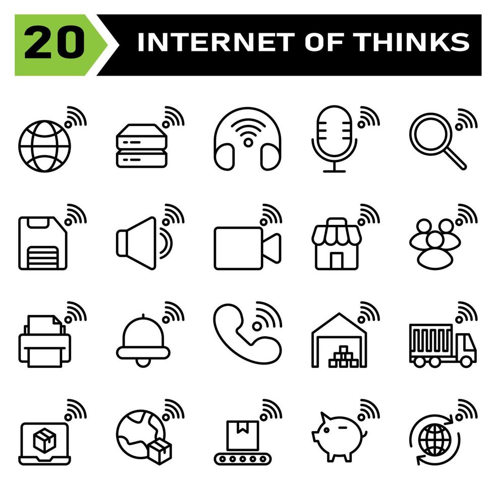 Internet of things icon set include world, earth, internet of things, hard disk, drive, headphone, headset, microphone, search, find, save, storage, sound, volume, video, record, store, shop, people vector