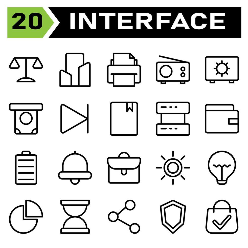 User interface icon set include legal, law, justice, court, crime, office, building, apartment, house, home, printing, print, printer, document, radio, transmission, device, fm, safe deposit vector