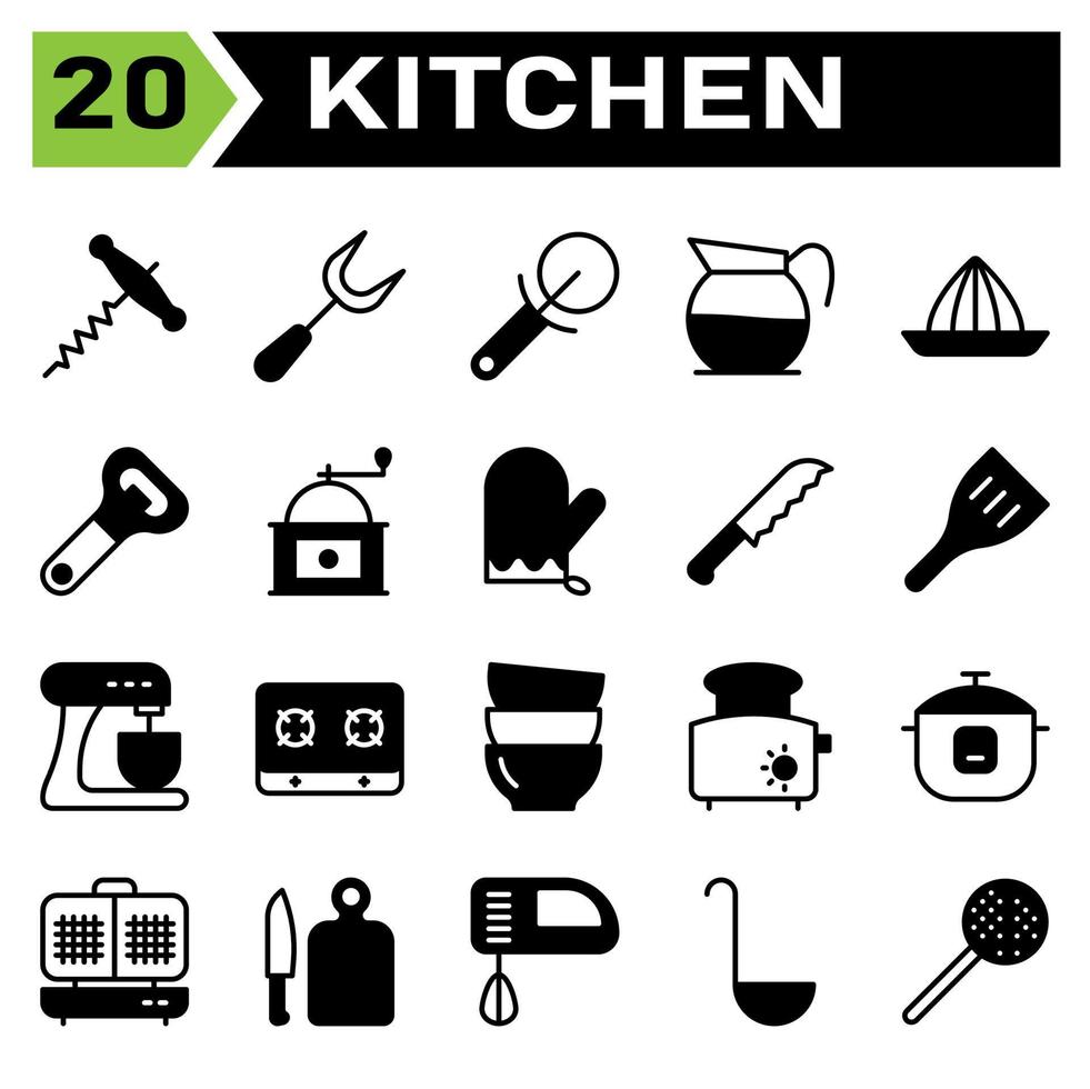 Kitchen equipment icon set include corkscrew, bottle, opener, wine, equipment, carving, carve, fork, kitchen, utensil, cutter, pizza, cut, coffee, decanter, pot, drink, press, squeezer, lemon, citrus vector