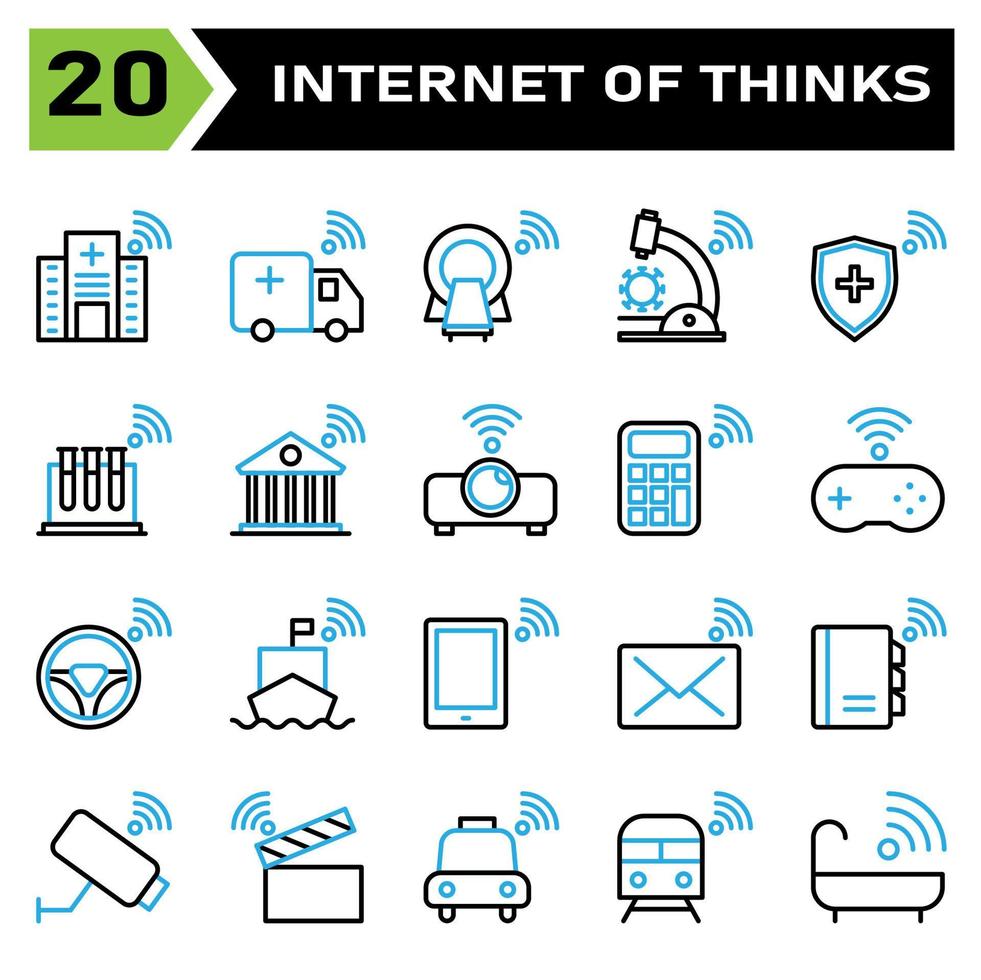 el conjunto de iconos de internet de las cosas incluye hospital, clínica, internet de las cosas, ambulancia, automóvil, tomografía, microscopio, virus, escudo, protección, tubo, prueba, edificio, banco, proyector, calculadora, consola vector