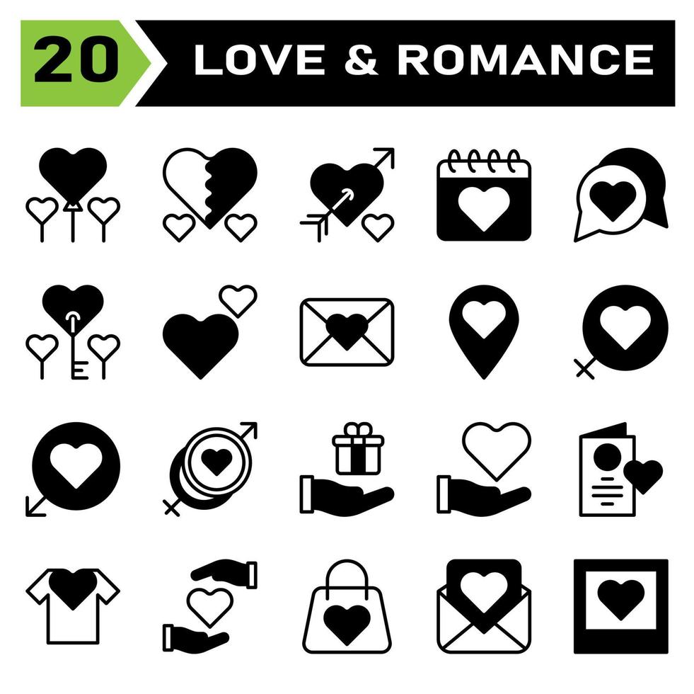 Love and romance icon set include balloon, love, romantic, heart, valentine, broken, romance, couple, wedding, calendar, date, chat, conversation, key, double, favorite, mail, message, envelope vector