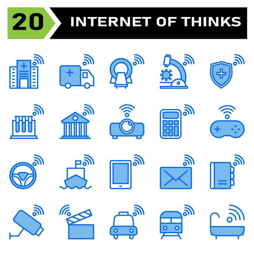 Internet of things icon set include hospital, clinic, internet of things, ambulance, car, tomography, microscope, virus, shield, protection, tube, test, building, bank, projector, calculator, console vector