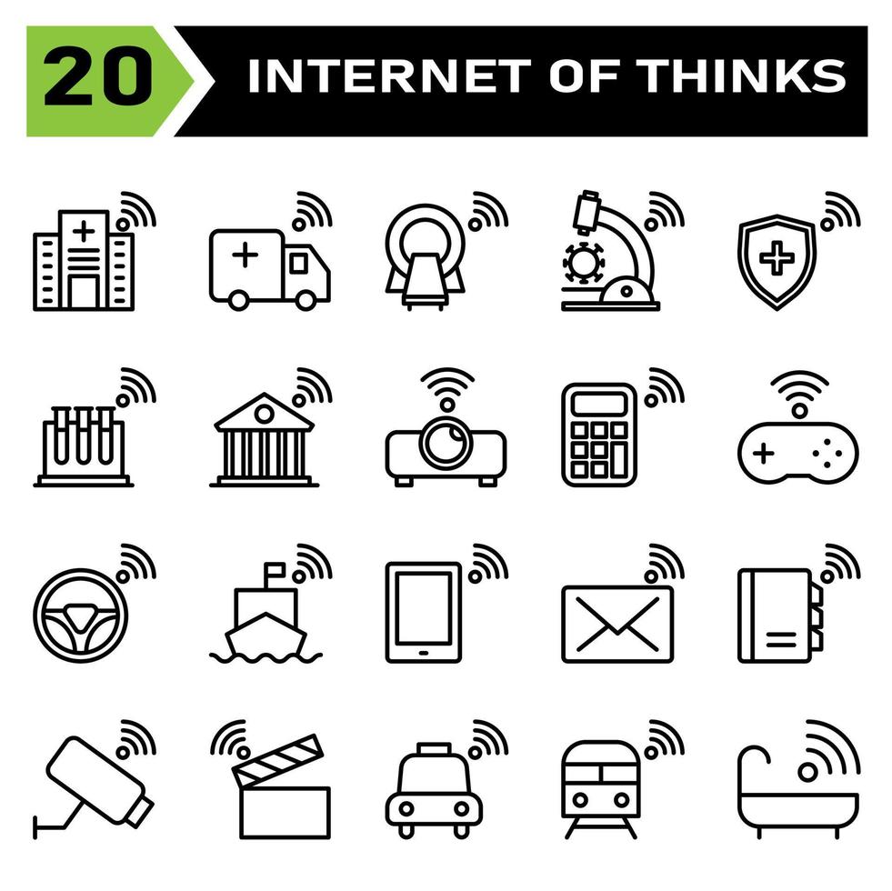 el conjunto de iconos de internet de las cosas incluye hospital, clínica, internet de las cosas, ambulancia, automóvil, tomografía, microscopio, virus, escudo, protección, tubo, prueba, edificio, banco, proyector, calculadora, consola vector