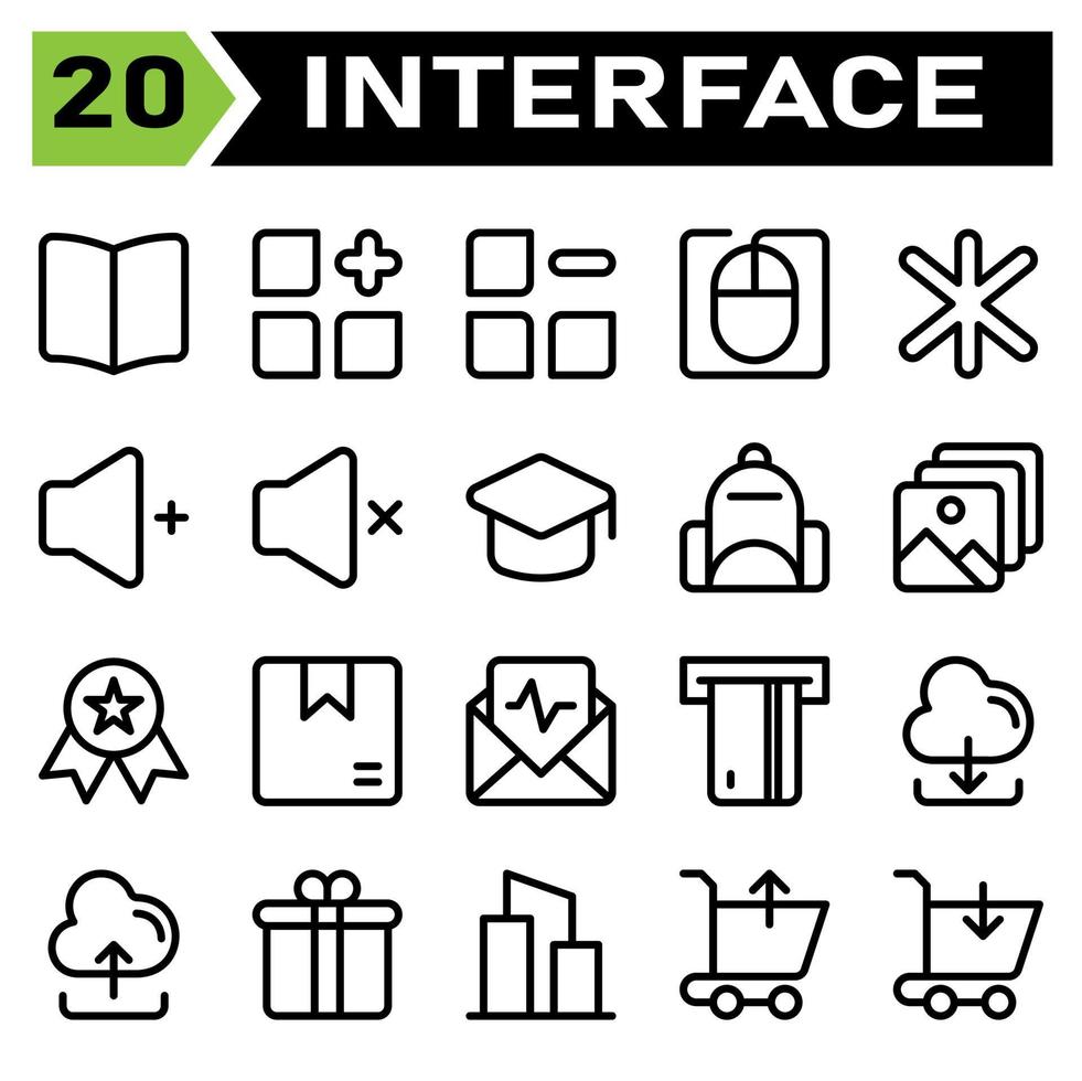 User interface icon set include book, guide, manual, read, instruction, menu, add, new, apps, category, remove, delete, mouse, computer, cursor, user interface, asterisk, multiple, star, favorite vector