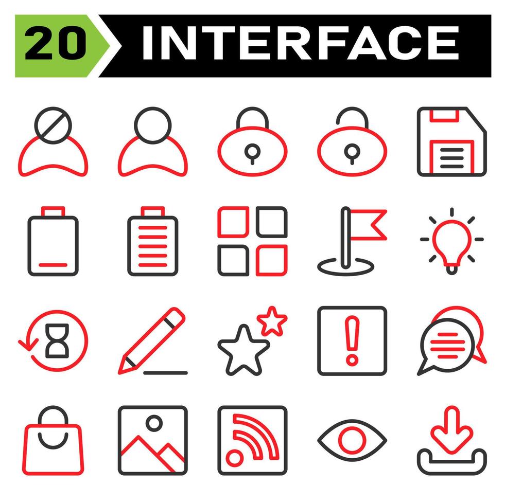 User interface icon set include block, user, avatar, user interface, padlock, lock, protection, unlock, save, drive, floppy disk, empty, low, battery, full, menu, app, flag, flags, pin vector