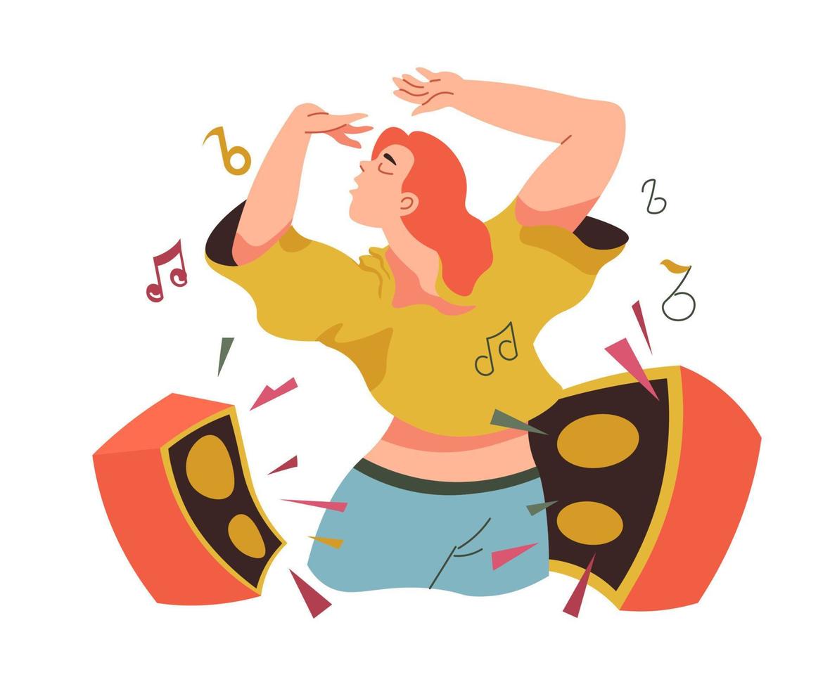 Woman listening to music, singing and dancing vector