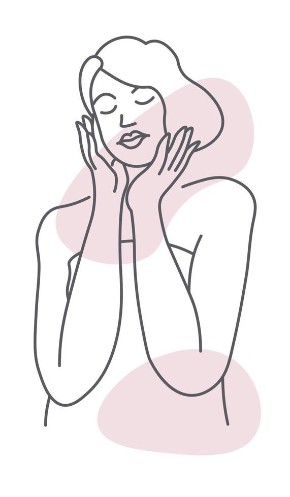 Body of woman, female touching face with hands vector