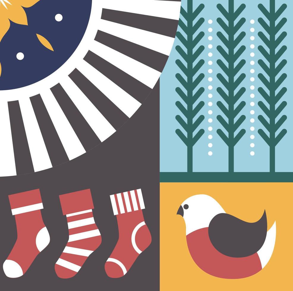 Xmas prints and symbols, bullfinch and pine branch vector