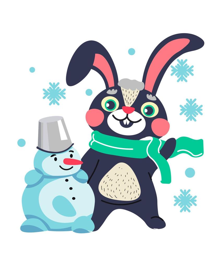 Rabbit character wearing scarf sculpting snowman vector