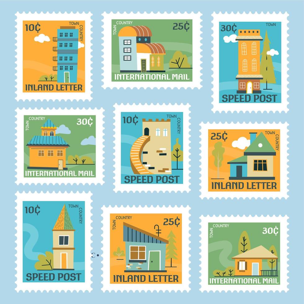 colorido conjunto de sellos postales con la construcción de viviendas vector