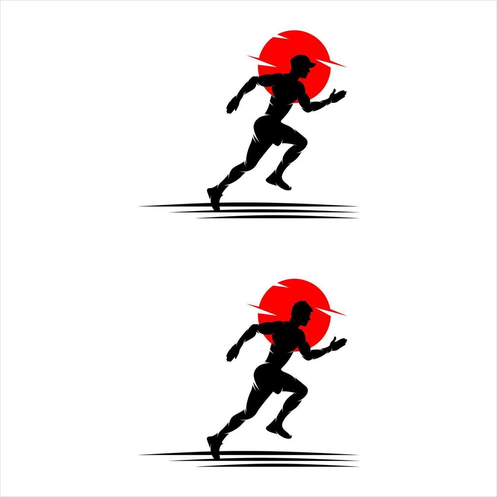 logo de silueta de hombre corriendo con cinta de acabado, plantilla de logo de maratón, club de corredores o club deportivo vector