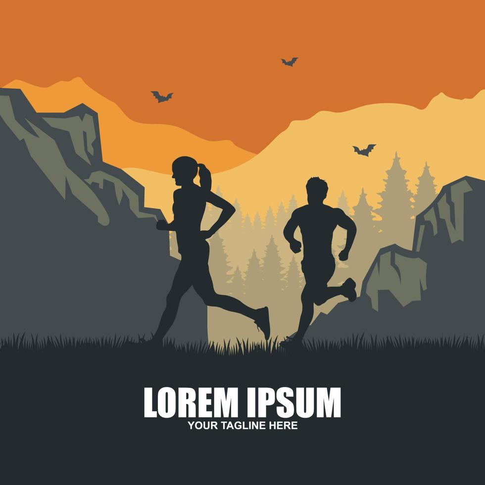 Group of running people, men and women. Isolated vector silhouettes