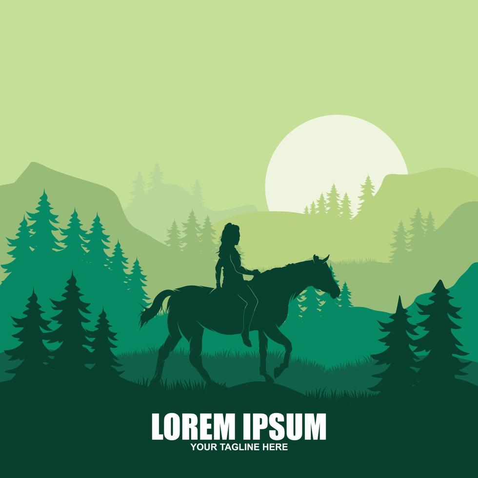 Cowboy Riding Horse Silhouette at Night logo vector