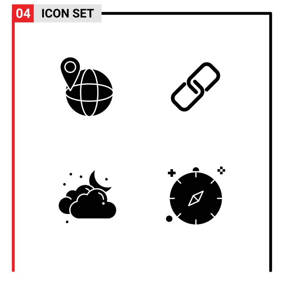 Group of 4 Solid Glyphs Signs and Symbols for global moon clip metal compass Editable Vector Design Elements