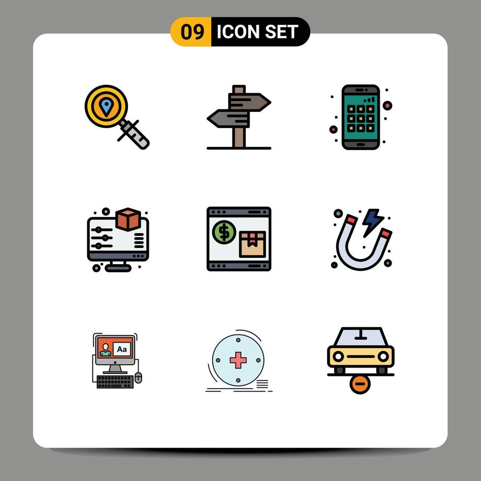 9 iconos creativos, signos y símbolos modernos de la aplicación de Internet de la tienda, monitor de impresión, elementos de diseño vectorial editables vector