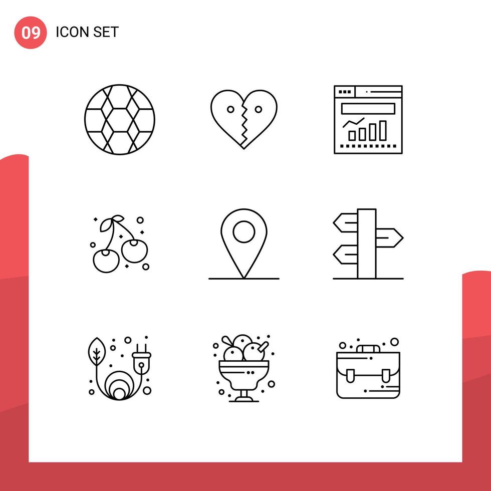 símbolos de iconos universales grupo de 9 contornos modernos de ubicación comida cereza rota web elementos de diseño vectorial editables vector