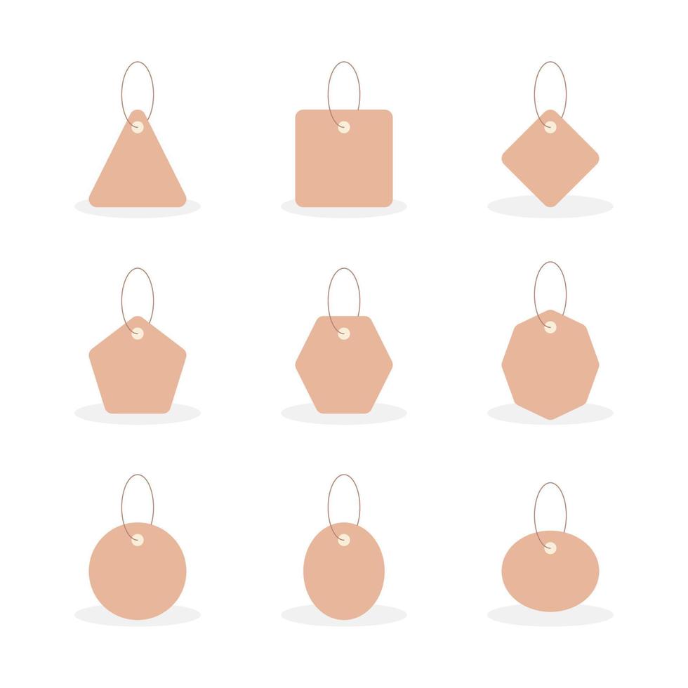 Brown cardboard paper price tags of various shapes. Shopping label hanging on thread, trendy design vector illustration