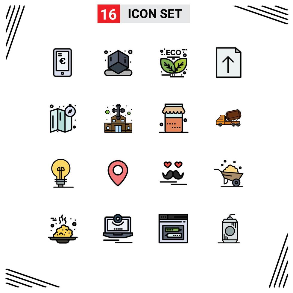 Group of 16 Flat Color Filled Lines Signs and Symbols for map compass energy upload document Editable Creative Vector Design Elements