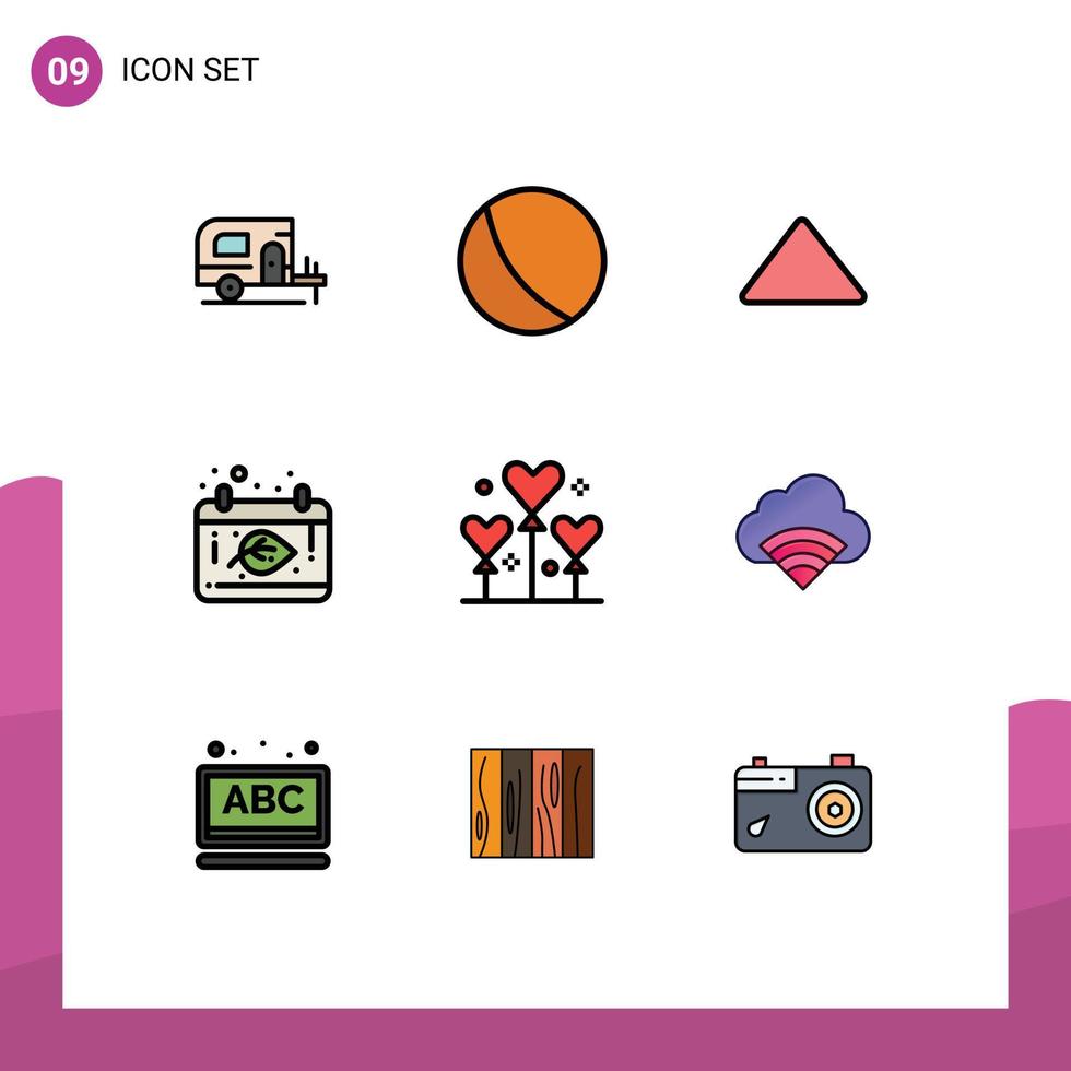 conjunto de 9 colores planos de línea de relleno de vector en cuadrícula para elementos de diseño de vector editables de fecha de globo de juego de festival de san valentín