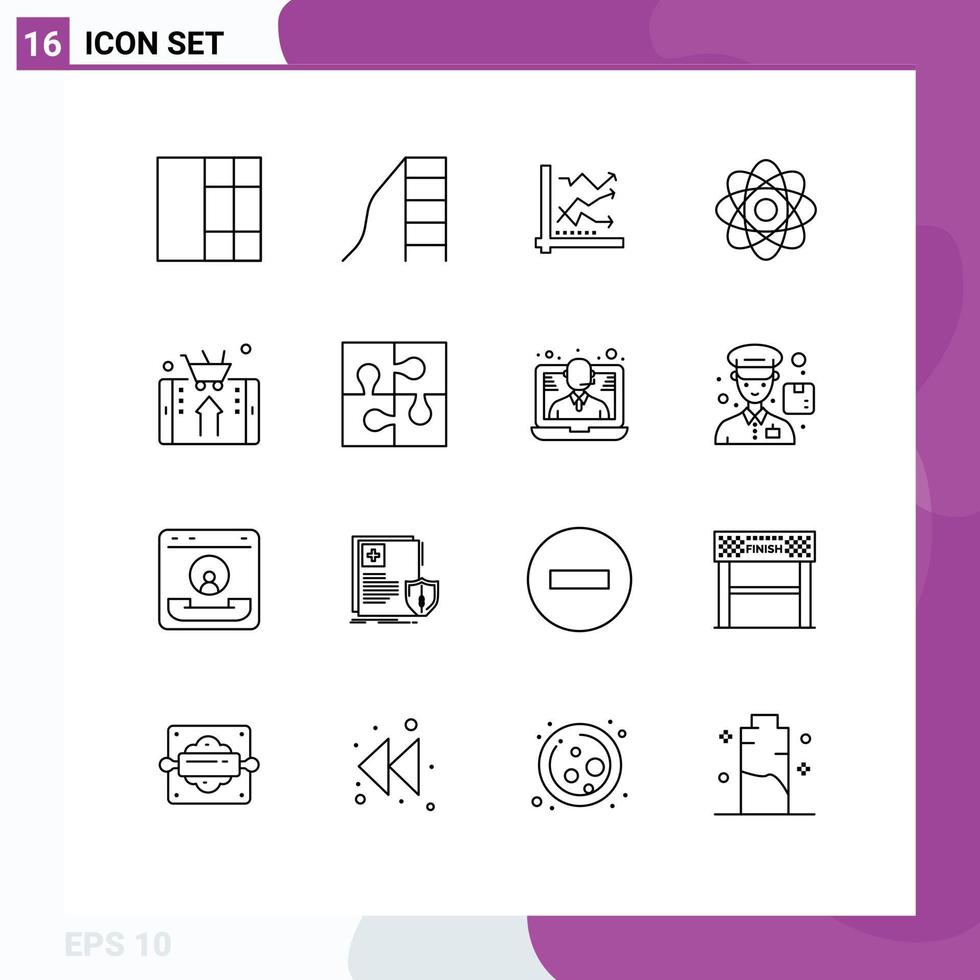 Group of 16 Outlines Signs and Symbols for online laboratory analytic chemistry atom Editable Vector Design Elements