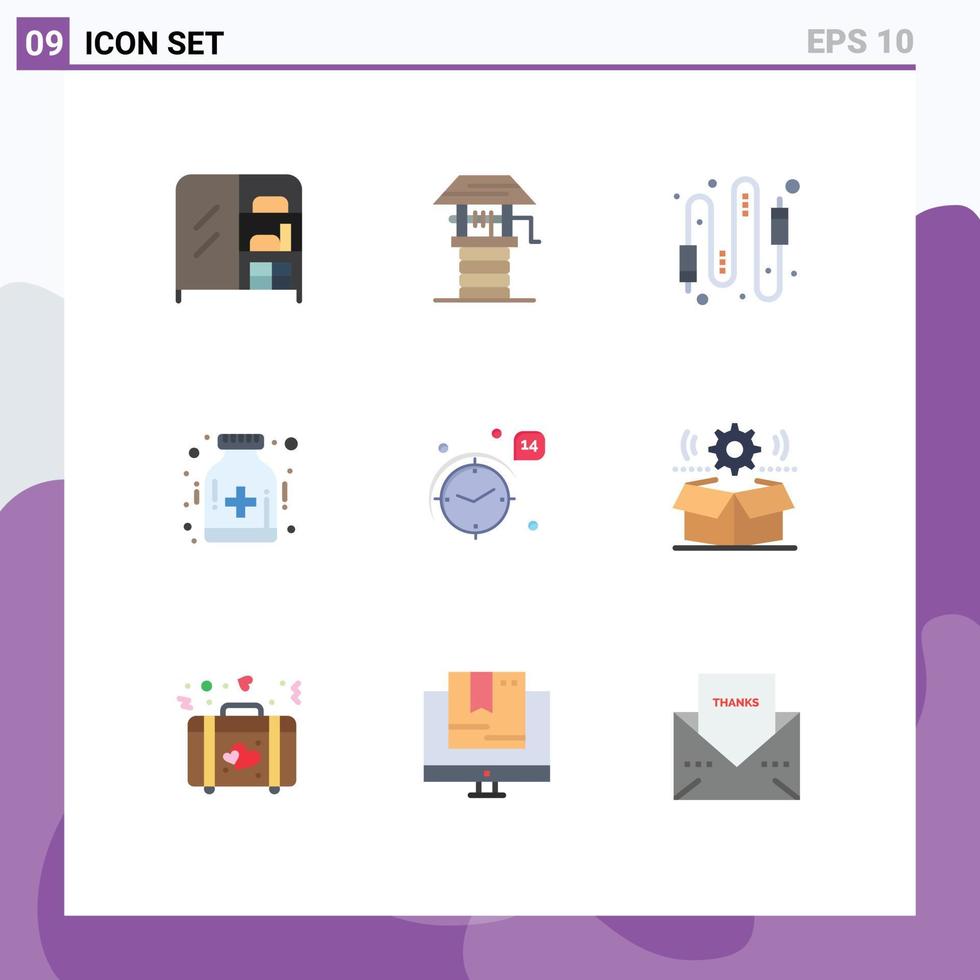 Mobile Interface Flat Color Set of 9 Pictograms of love hospital cable health care Editable Vector Design Elements