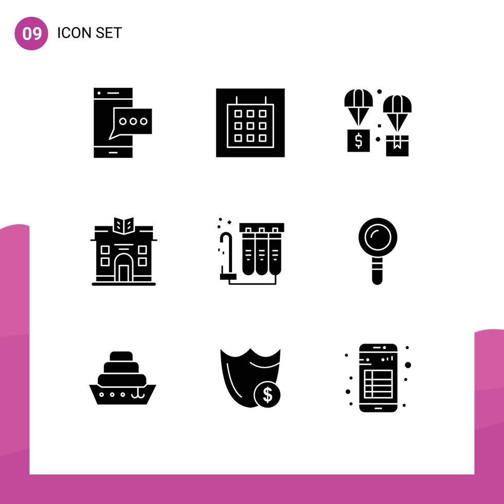 Set of 9 Commercial Solid Glyphs pack for filtration building air life parachute Editable Vector Design Elements