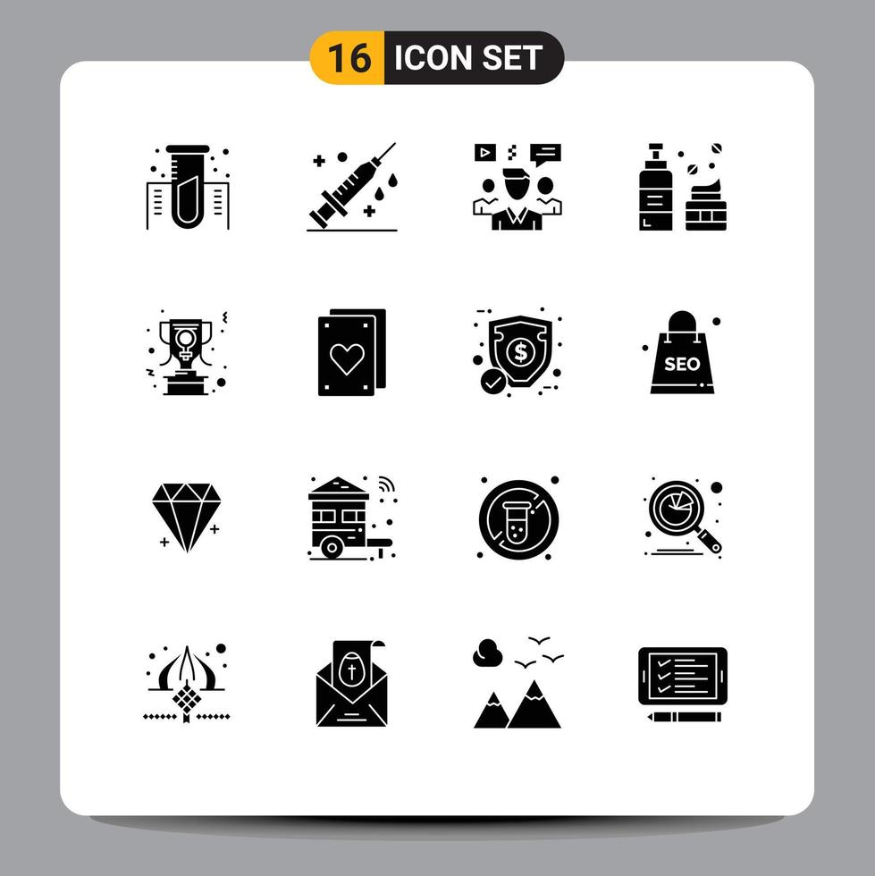 User Interface Pack of 16 Basic Solid Glyphs of achievement lotion user foam group Editable Vector Design Elements