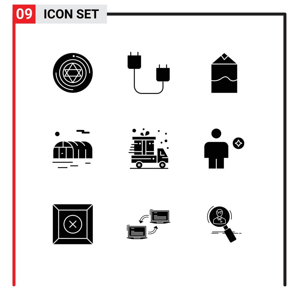 Pictogram Set of 9 Simple Solid Glyphs of delivery truck present hardware greenhouse farming Editable Vector Design Elements