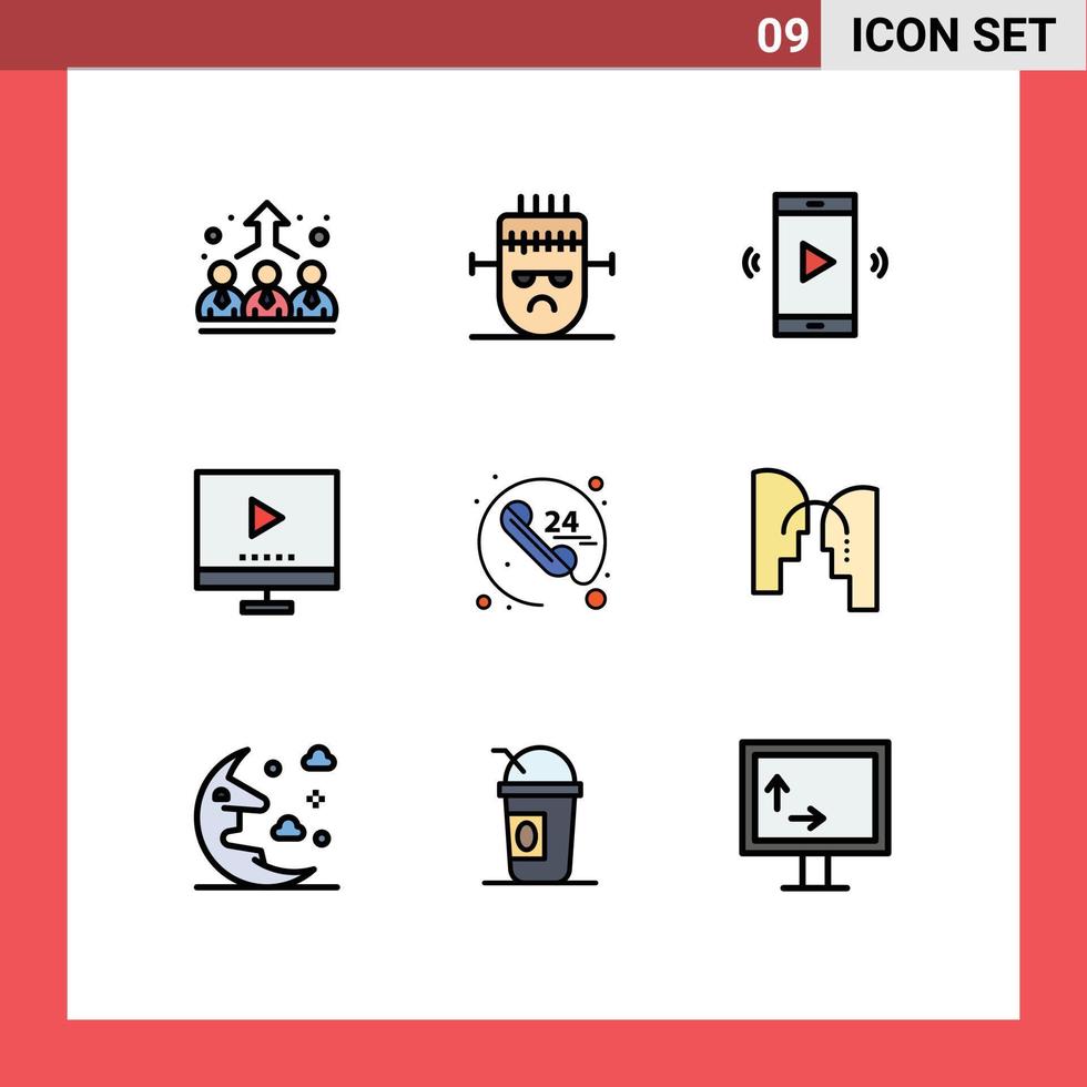 Group of 9 Filledline Flat Colors Signs and Symbols for video technology amplifier image volume Editable Vector Design Elements
