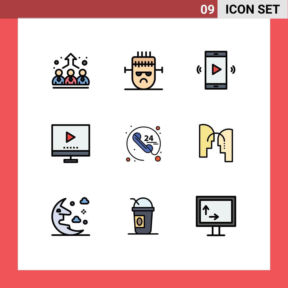 grupo de 9 signos y símbolos de colores planos de línea rellena para elementos de diseño vectorial editables de volumen de imagen de amplificador de tecnología de video vector