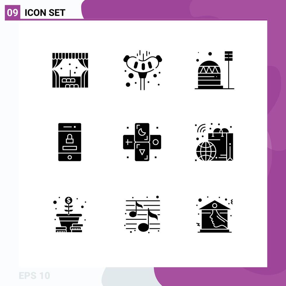 Pack of 9 Modern Solid Glyphs Signs and Symbols for Web Print Media such as horoscope technology colony security locked Editable Vector Design Elements