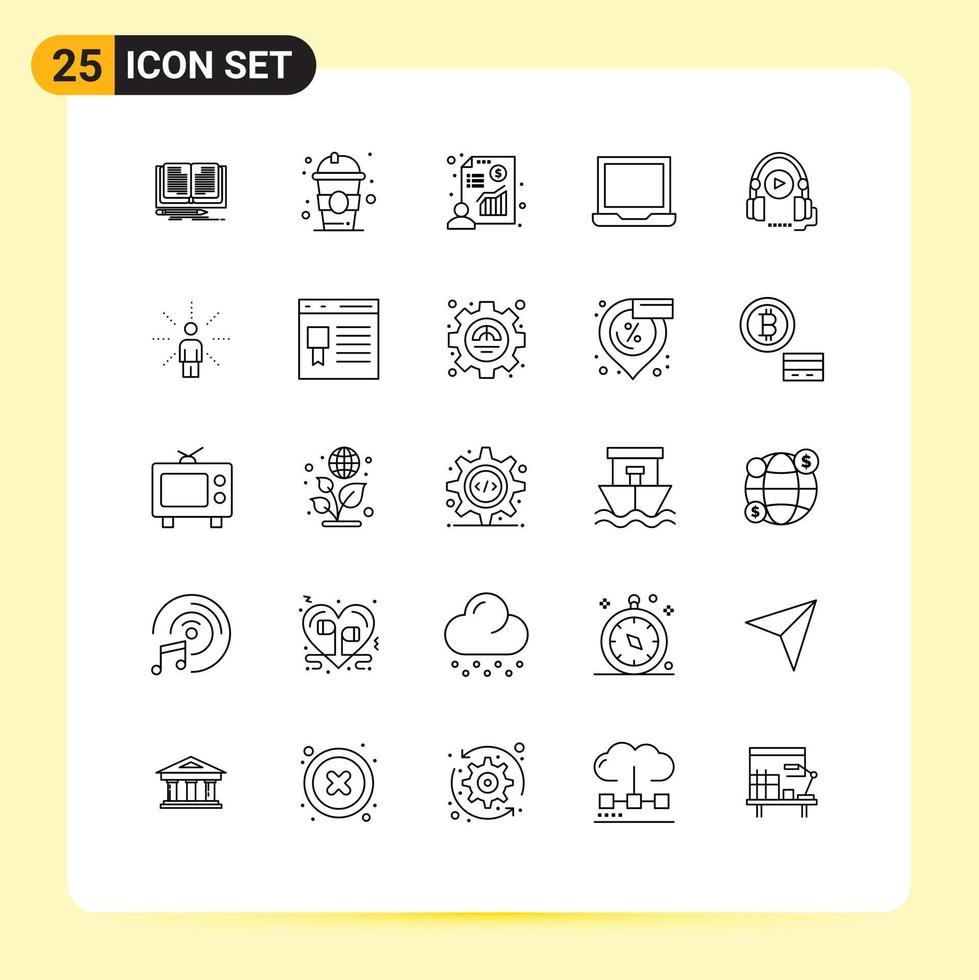 25 símbolos de signos de línea universal de gráfico de preferencia de idioma elementos de diseño de vector editables de computadora portátil