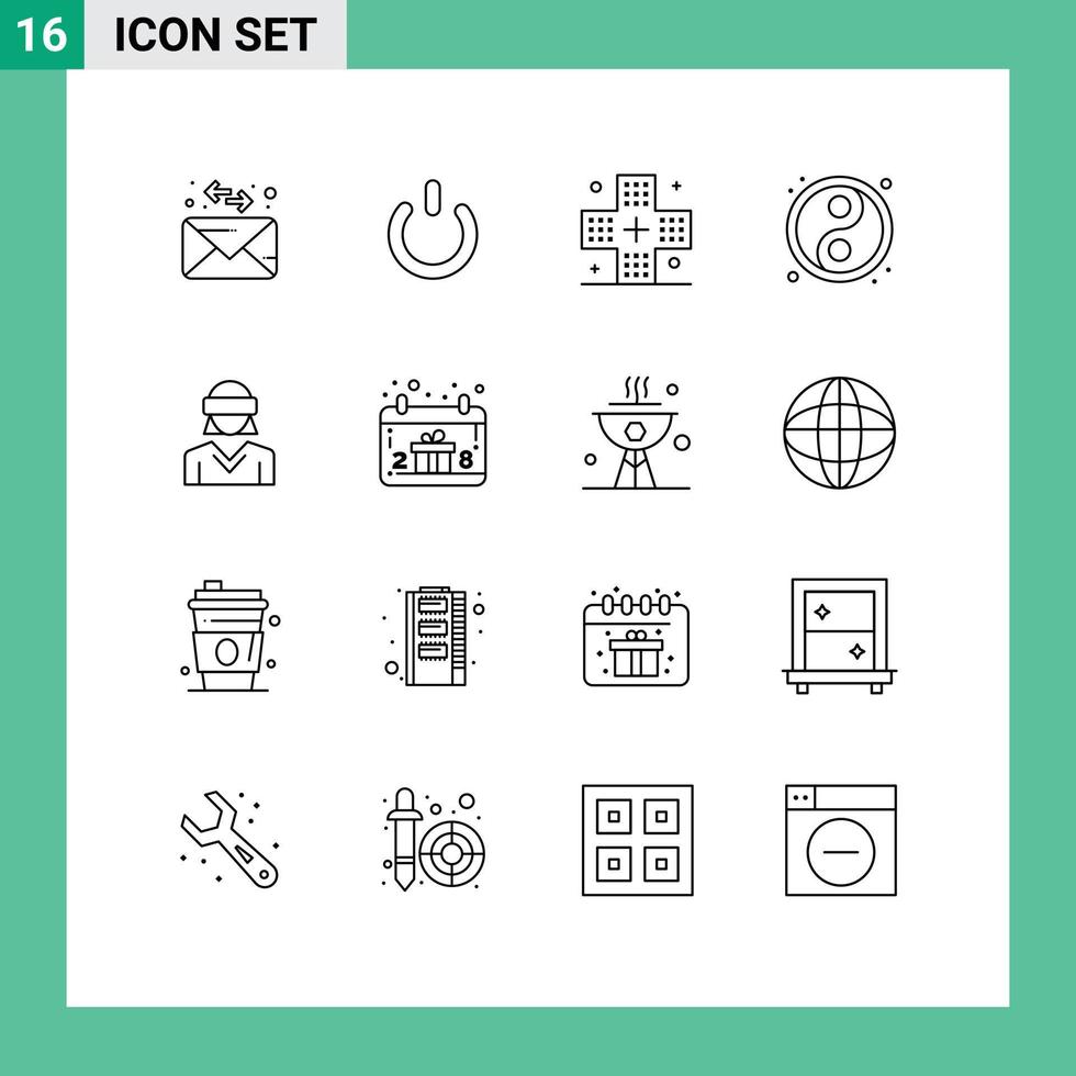 Stock Vector Icon Pack of 16 Line Signs and Symbols for reality glasses fitness yin yin yang Editable Vector Design Elements