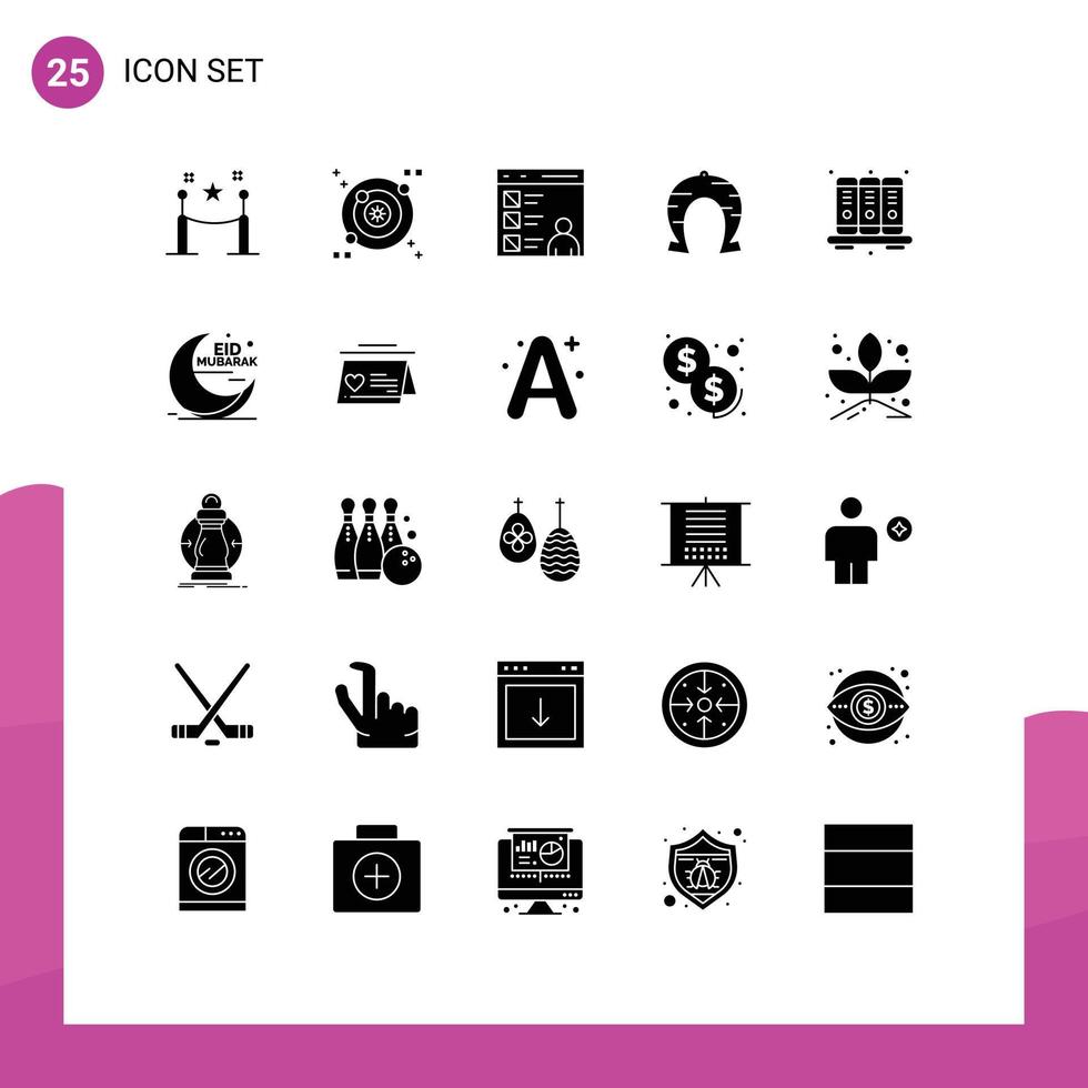 Group of 25 Solid Glyphs Signs and Symbols for agenda luck browser horseshoe festival Editable Vector Design Elements