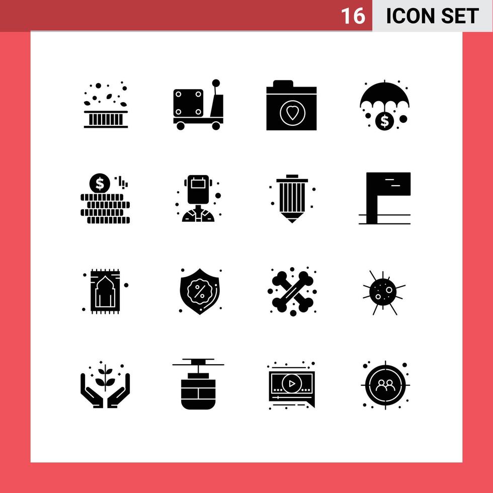 Set of 16 Commercial Solid Glyphs pack for coin protection truck money banking Editable Vector Design Elements