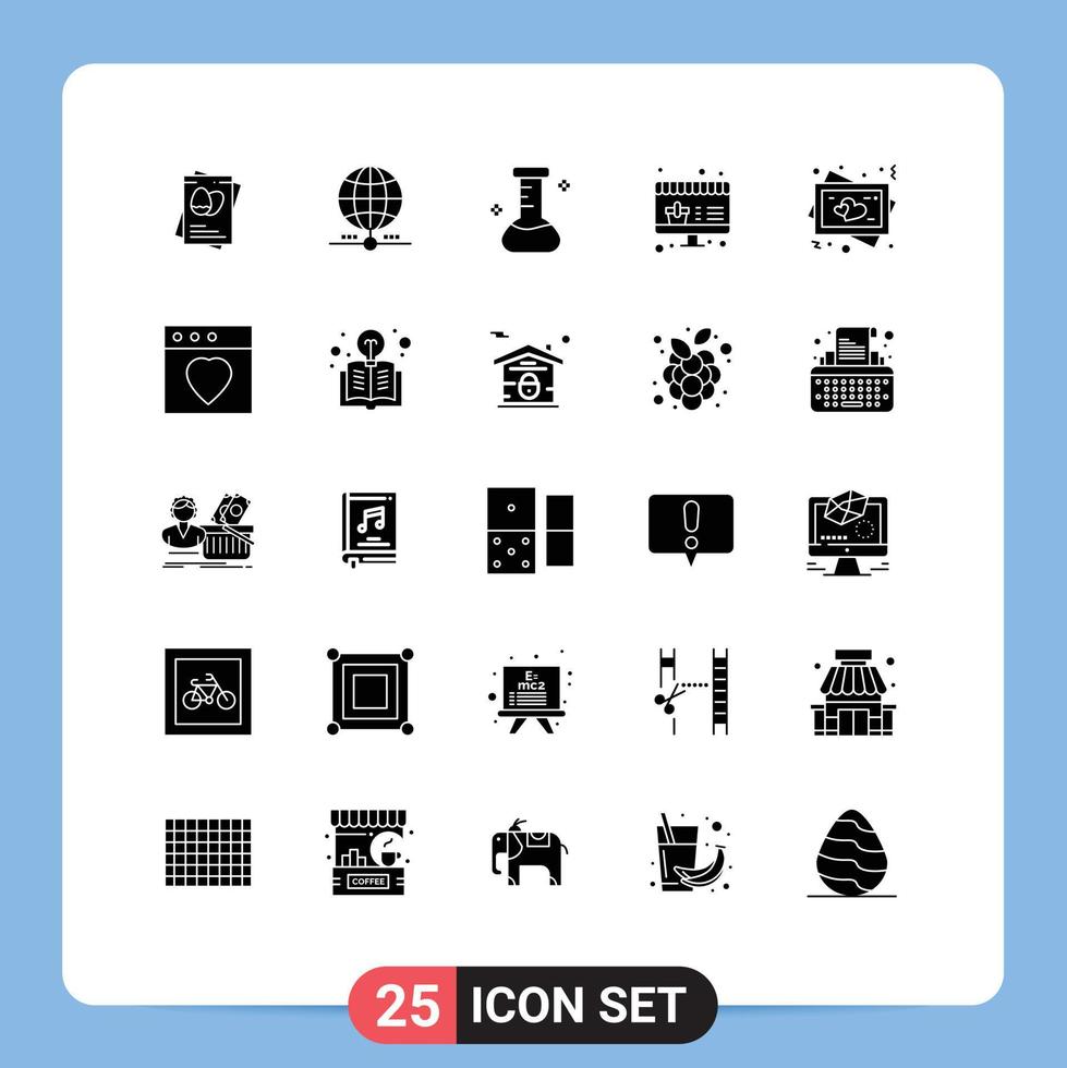 Set of 25 Commercial Solid Glyphs pack for love frame network shopping online Editable Vector Design Elements