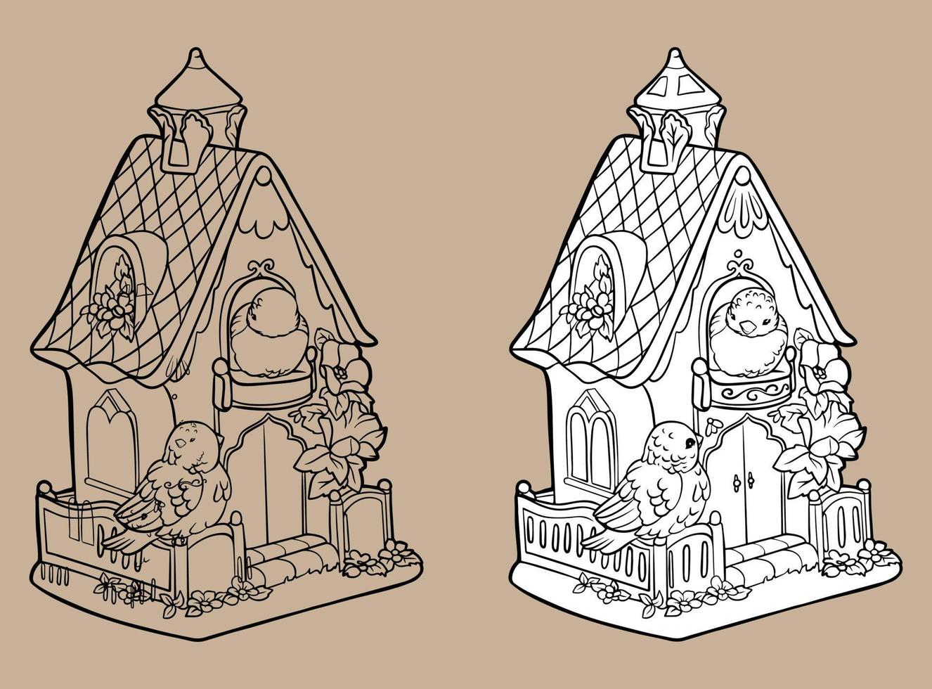 Gingerbread House Vector. Vector black and white illustration. For coloring and design books. Cute illustration. Toy house.