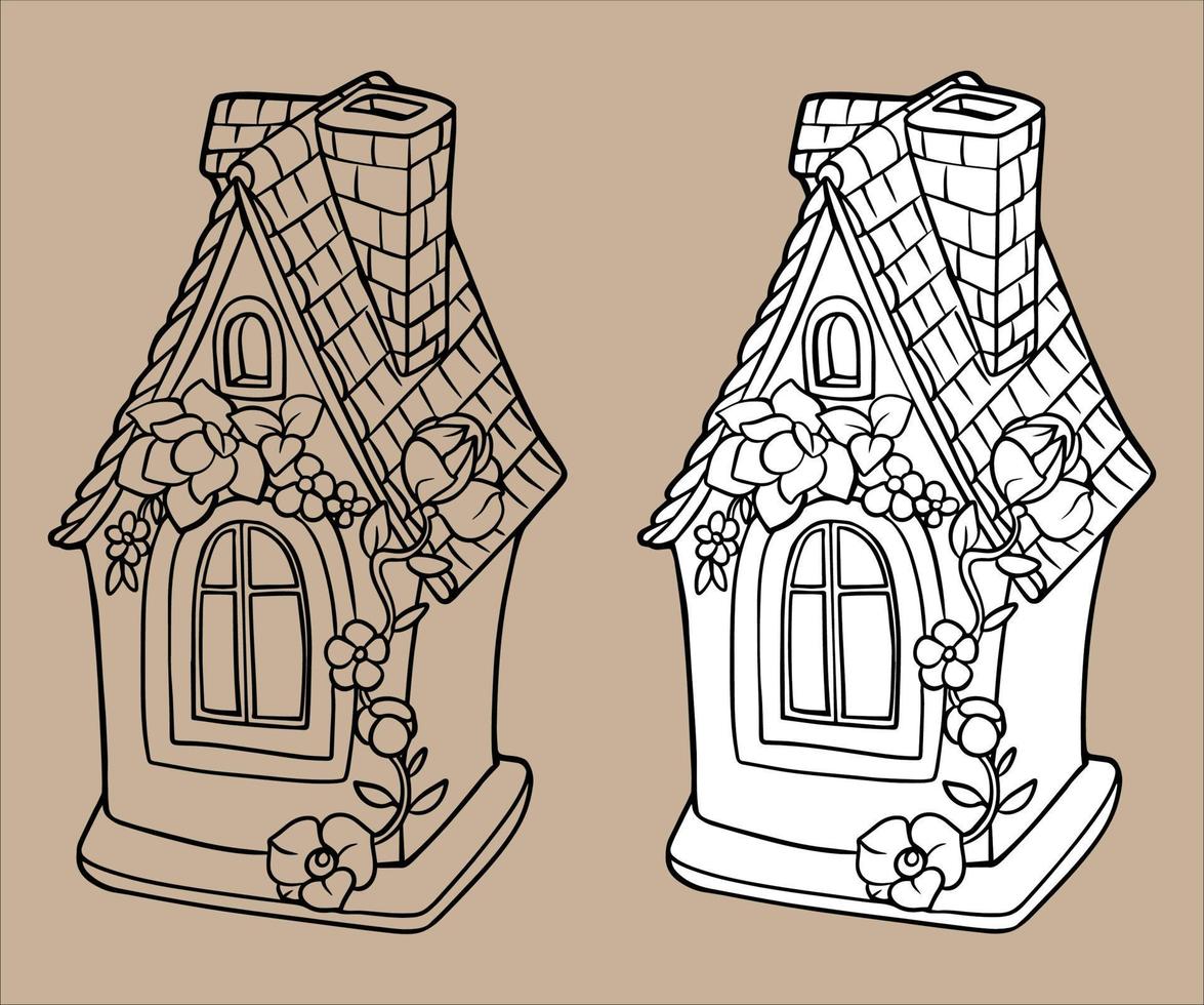 Gingerbread House Vector. Vector black and white illustration. For coloring and design books. Cute illustration. Toy house.