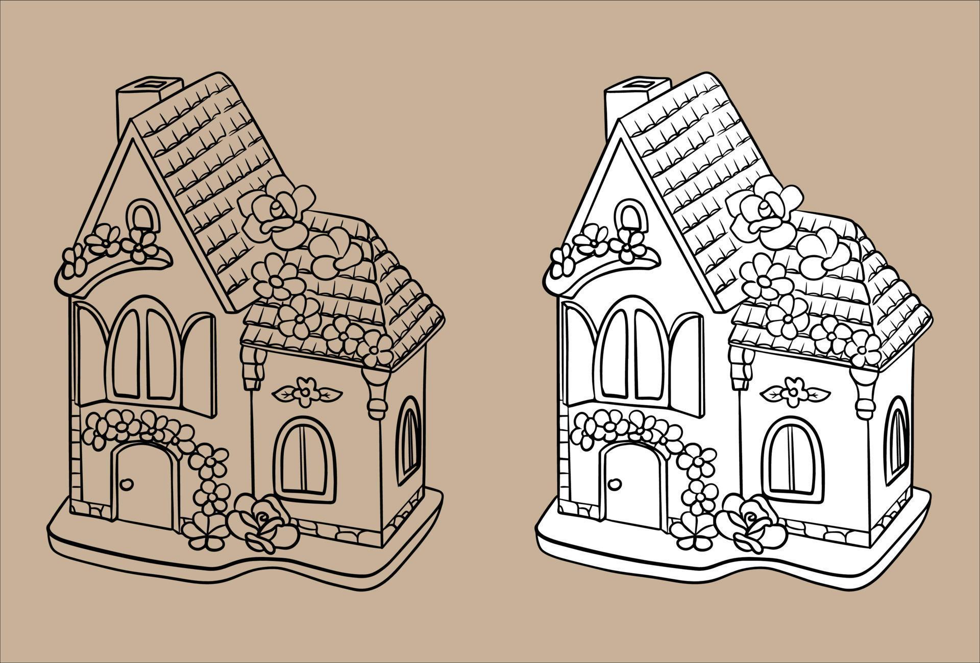 Gingerbread House Vector. Vector black and white illustration. For