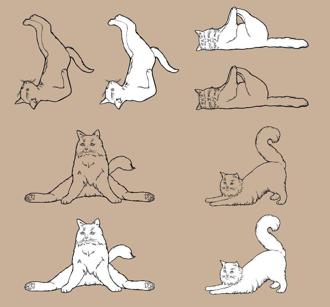 Cartoon Doodle Comic Outline Vector Seamless Pattern And Background Of Zen Meditating Cats In Yoga Pose and Asana, Namaste