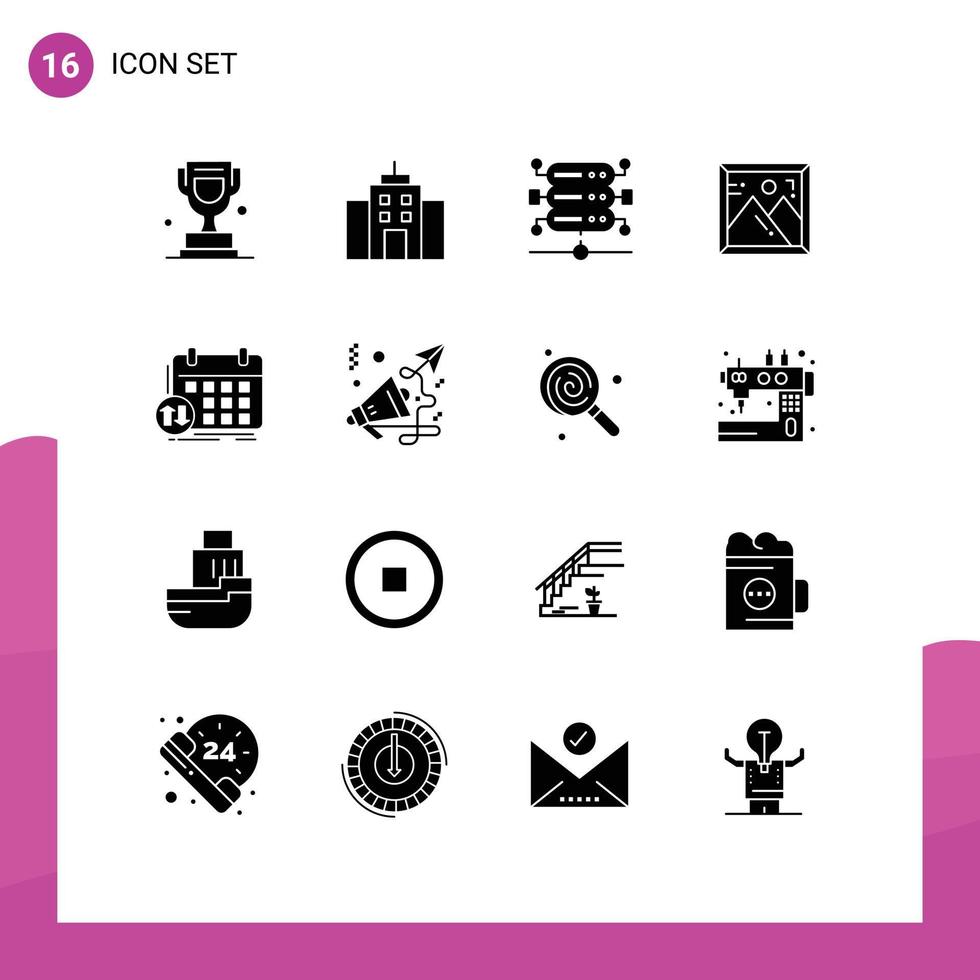 Modern Set of 16 Solid Glyphs Pictograph of appointment classes database schedule photo Editable Vector Design Elements