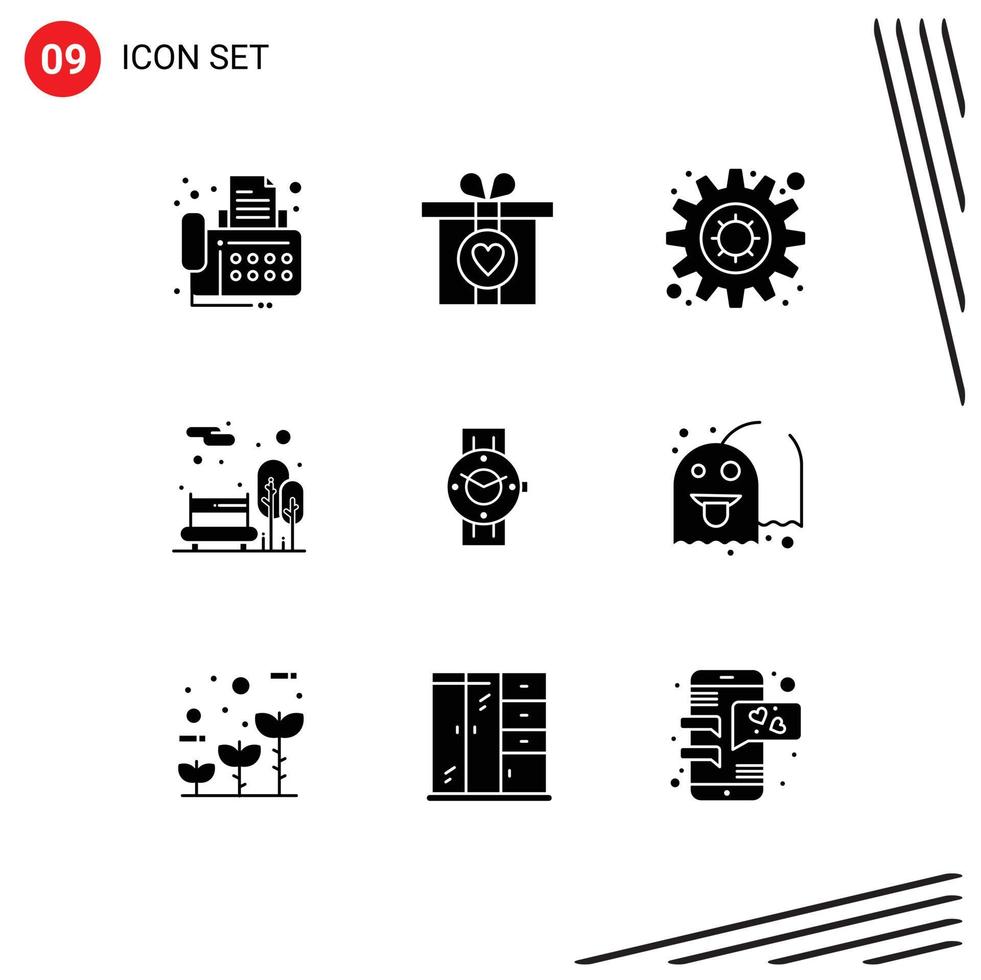 Mobile Interface Solid Glyph Set of 9 Pictograms of phone smart watch motivation watch garden Editable Vector Design Elements