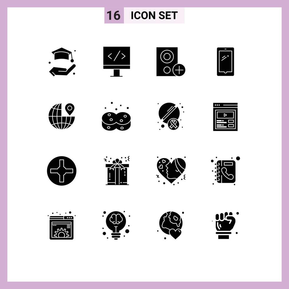 Pack of 16 Modern Solid Glyphs Signs and Symbols for Web Print Media such as location iphone gadget android smart phone Editable Vector Design Elements
