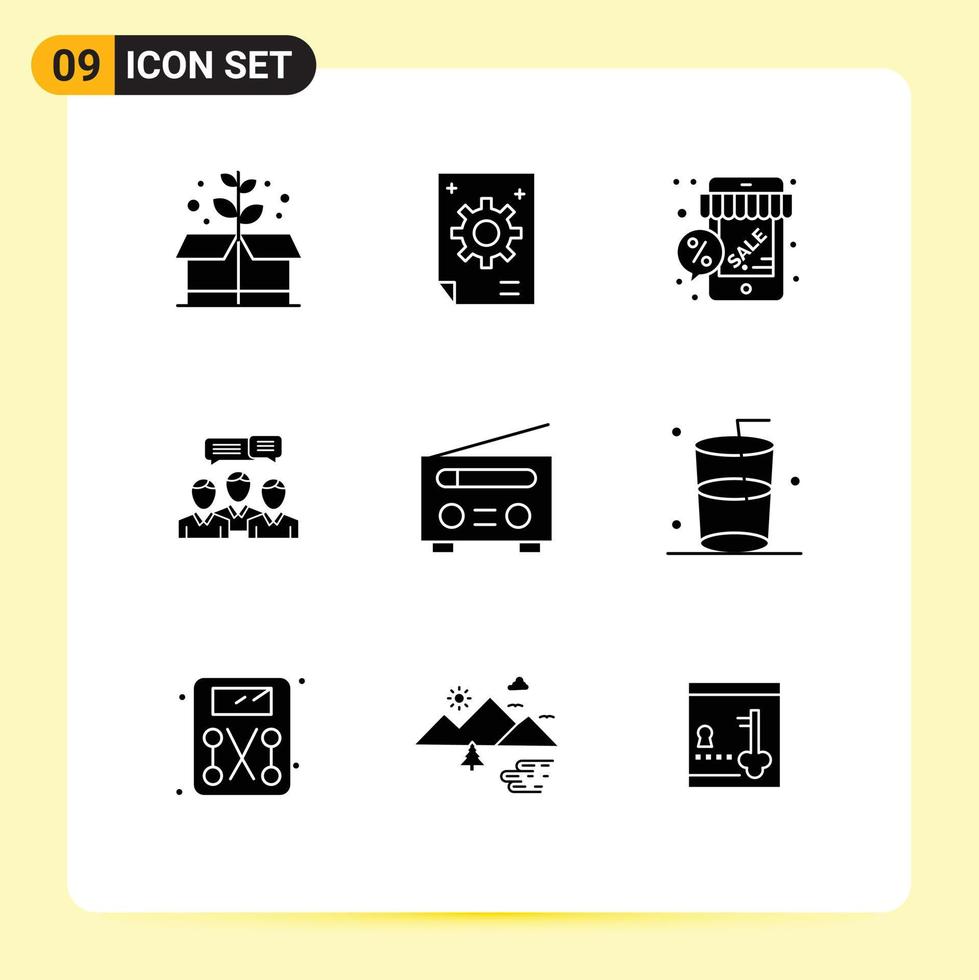 Editable Vector Line Pack of 9 Simple Solid Glyphs of meeting consulting discount business shop Editable Vector Design Elements