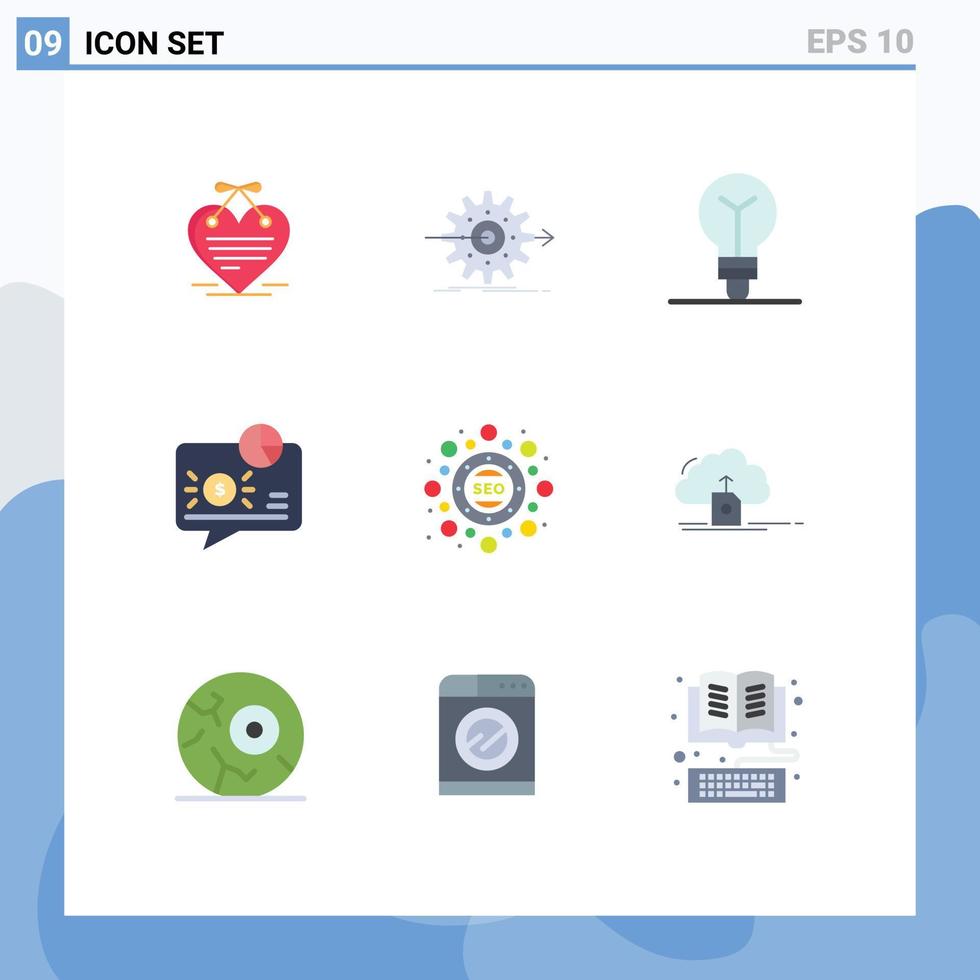 User Interface Pack of 9 Basic Flat Colors of marketing message gear graph banking Editable Vector Design Elements