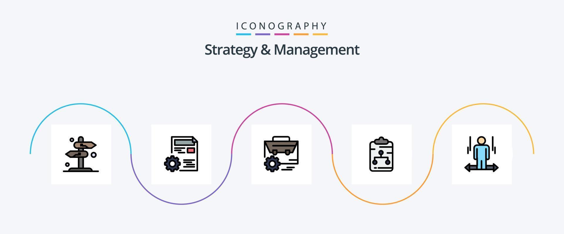 Strategy And Management Line Filled Flat 5 Icon Pack Including network. clipboard. config. manufacturing. setting vector